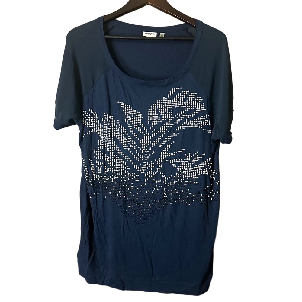 DKNYC Dark Blue Short Sleeve Top with White Black Embellishments Sz 1X Casual